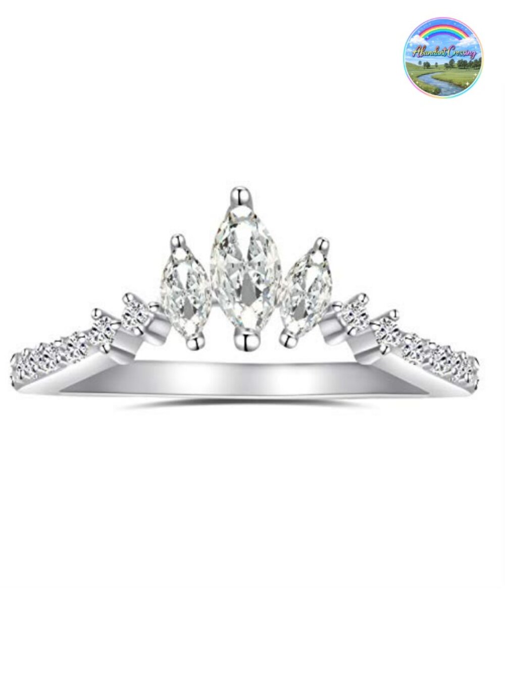 Rhodium Plated Sterling Silver Tiara Curved Wedding Band Ring Marquise 3-Stone